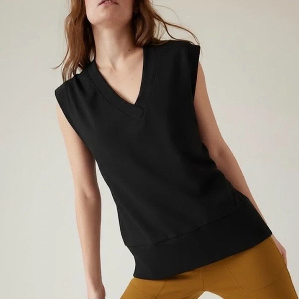 Athleta Retroterry V Neck Sweatshirt Vest Size L Black Athleisure Athletic Gym